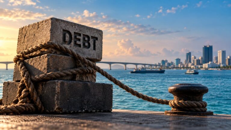 Large, heavy-looking, blocks tethered to a mooring with Malé city seen in the background. The image represents Debt tying the economy down.