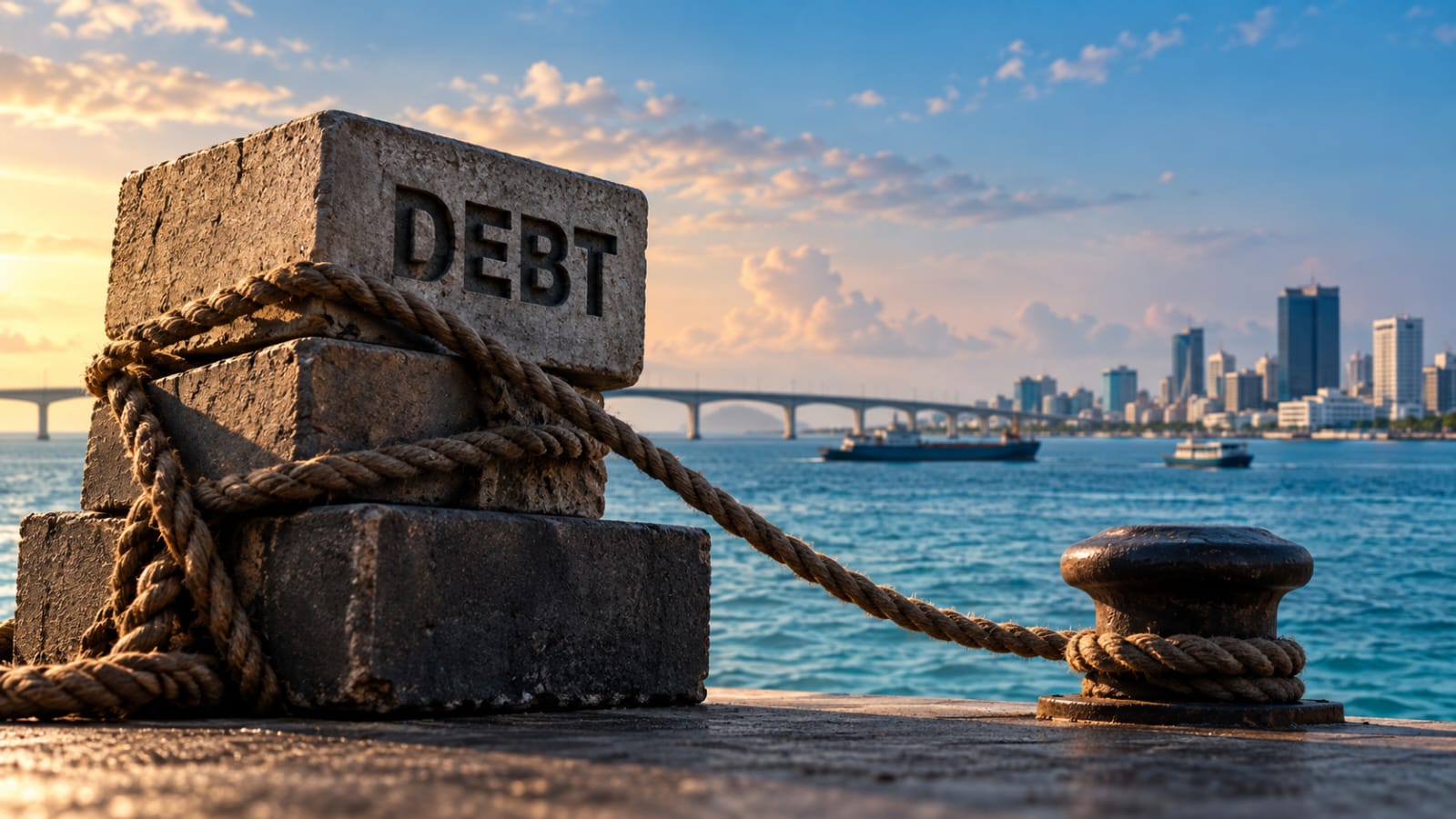 Large, heavy-looking, blocks tethered to a mooring with Malé city seen in the background. The image represents Debt tying the economy down.